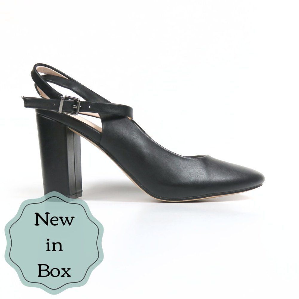 Mary Jane Heels 7 - Ankle Strap - Black Vegan Leather - Chunky Heel - Round Toe